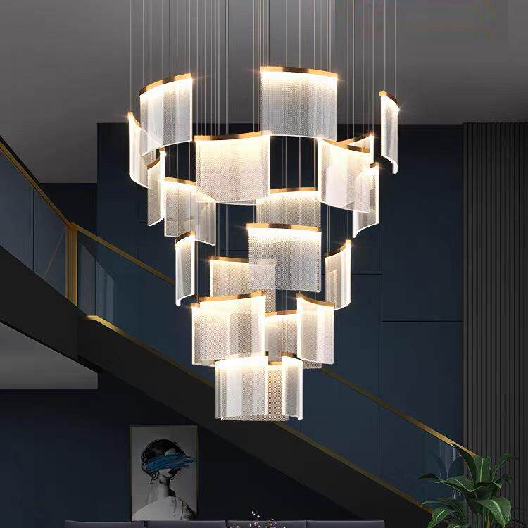 复式楼大吊灯现代简约大气客厅酒店大堂售楼部轻奢瓦片楼梯长吊灯
