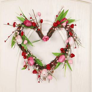 情人节花环 饰壁挂春节仿真花环 仿真郁金香心形节日悬挂装