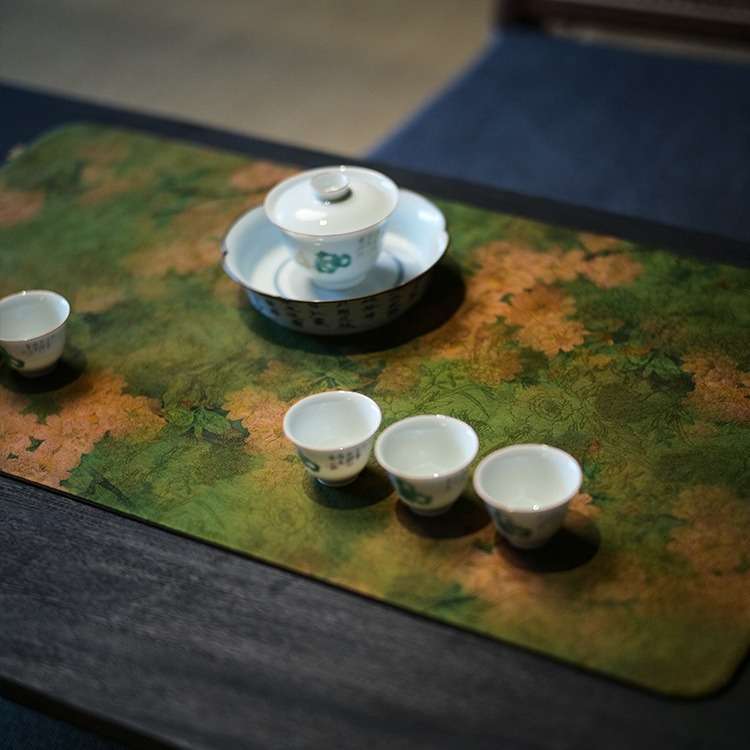 慢蓝香云纱茶席 复古真丝长方形桌旗 中式禅意茶台布 手工