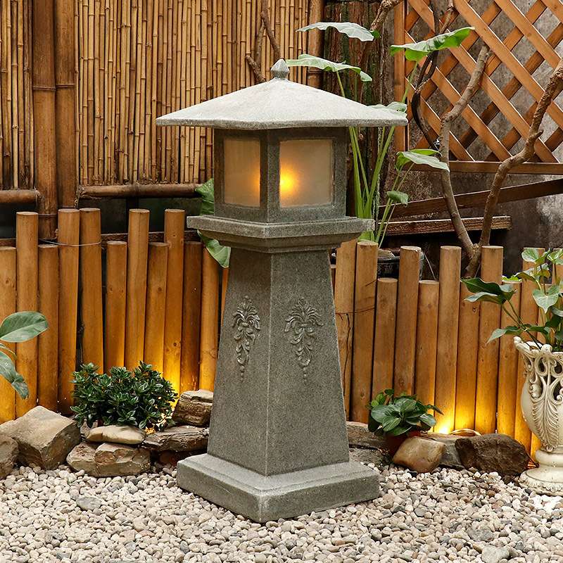 田园日式灯笼砂岩雕塑园林景观太阳能庭院办公室艺术装饰绿化摆件