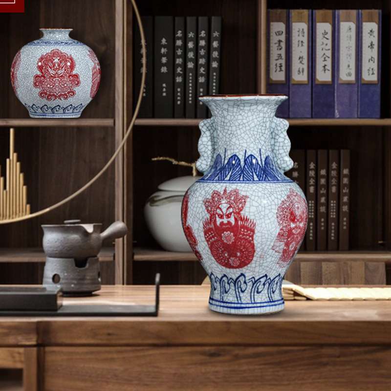 青花瓷釉里红陶瓷花瓶摆件客厅仿古中式玄关插花家居装饰品