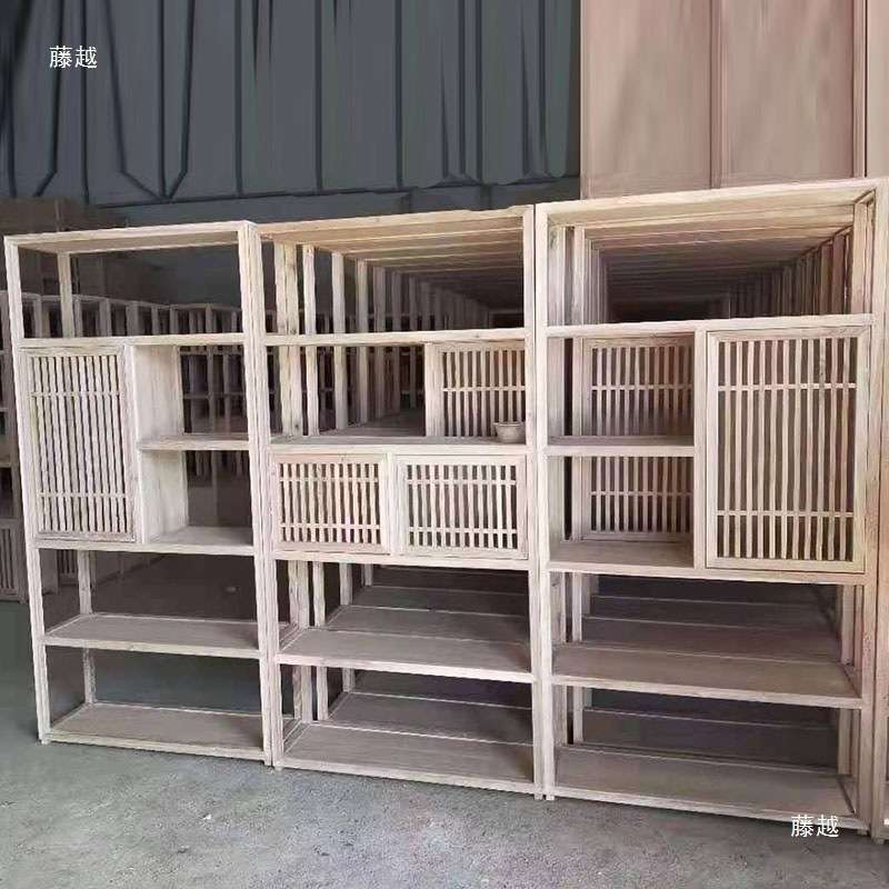 新中式老榆木书架博古架展架白坯书柜白茬原木实木格子免漆多宝格
