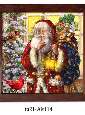红色实木框欧洲北美圣诞节挂画圣诞老人装饰画高清打印带LED灯