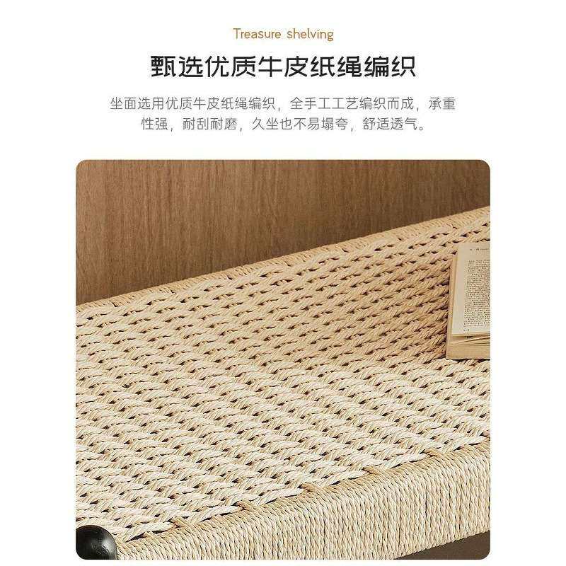 复古实木床尾凳卧室客厅设计师绳编餐凳沙发长条凳简约现代小户型