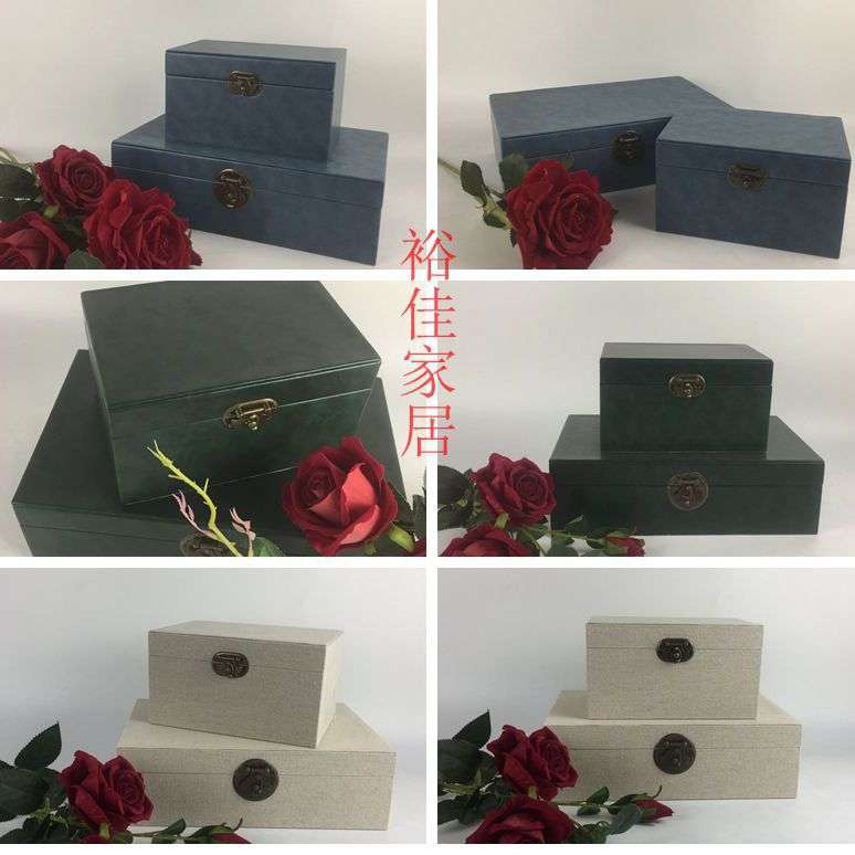 新中式高矮麻布锁圆扣水刺蓝收纳盒  麻布锁圆扣饰品摆件盒子