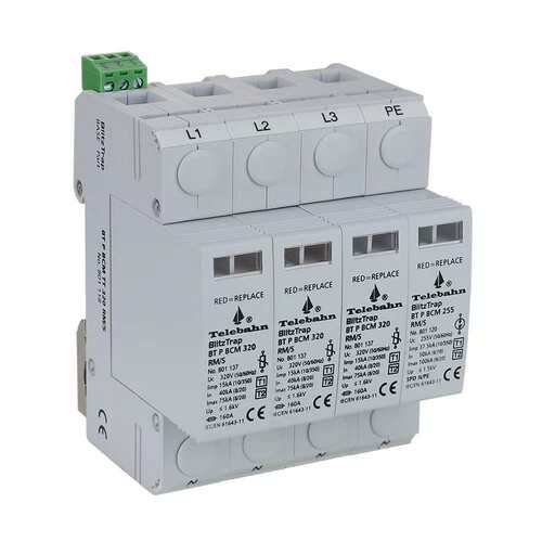 Telebahn 3相 150V/275V/320V/385V AC T1+T2 15kA 浪涌保护器