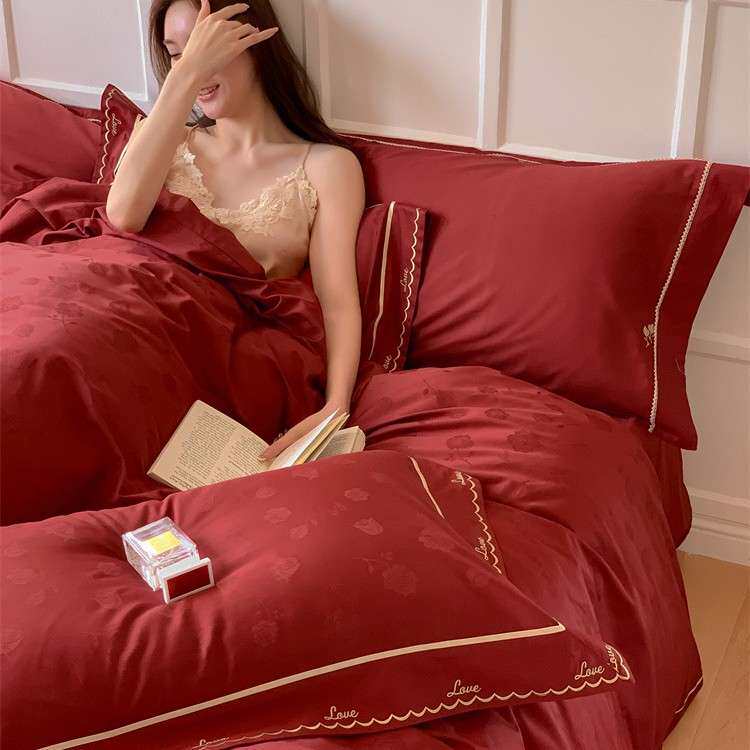 高端法式浪漫玫瑰100S长绒棉提花四件套全棉婚庆结婚床上用品