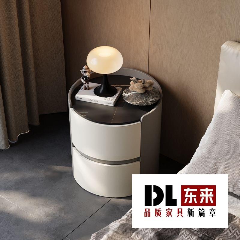 意式岩板实木圆形床头柜家用卧室简约现代轻奢个性创意床头储物柜