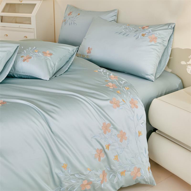 轻奢高支高密全棉80s丝滑贡缎长绒棉刺绣四件套纯棉被套床上套件