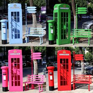 复古铁艺电话亭模型邮筒信箱指示牌景观长椅大型户外装饰道具摆件
