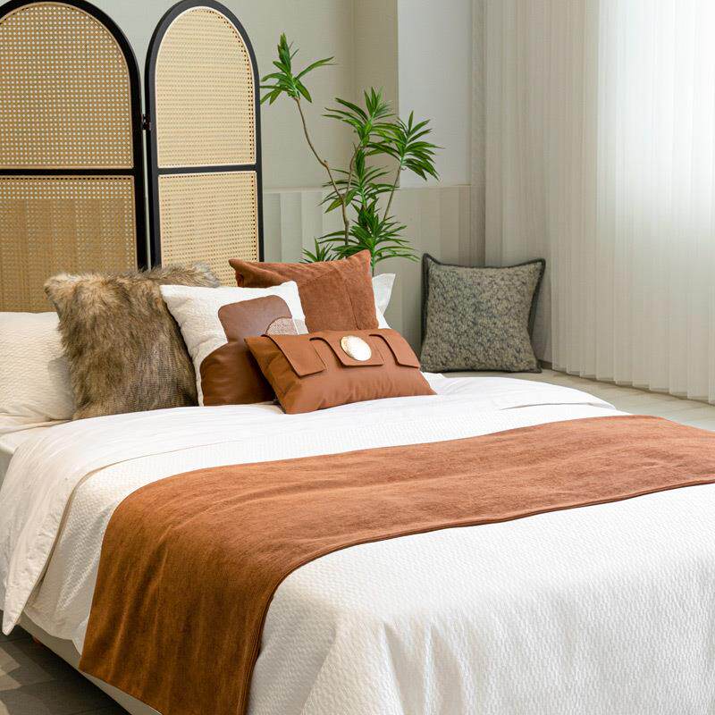 新中式样板间床旗床尾巾抱枕焦糖色床尾毯酒店民宿软装搭毯靠垫