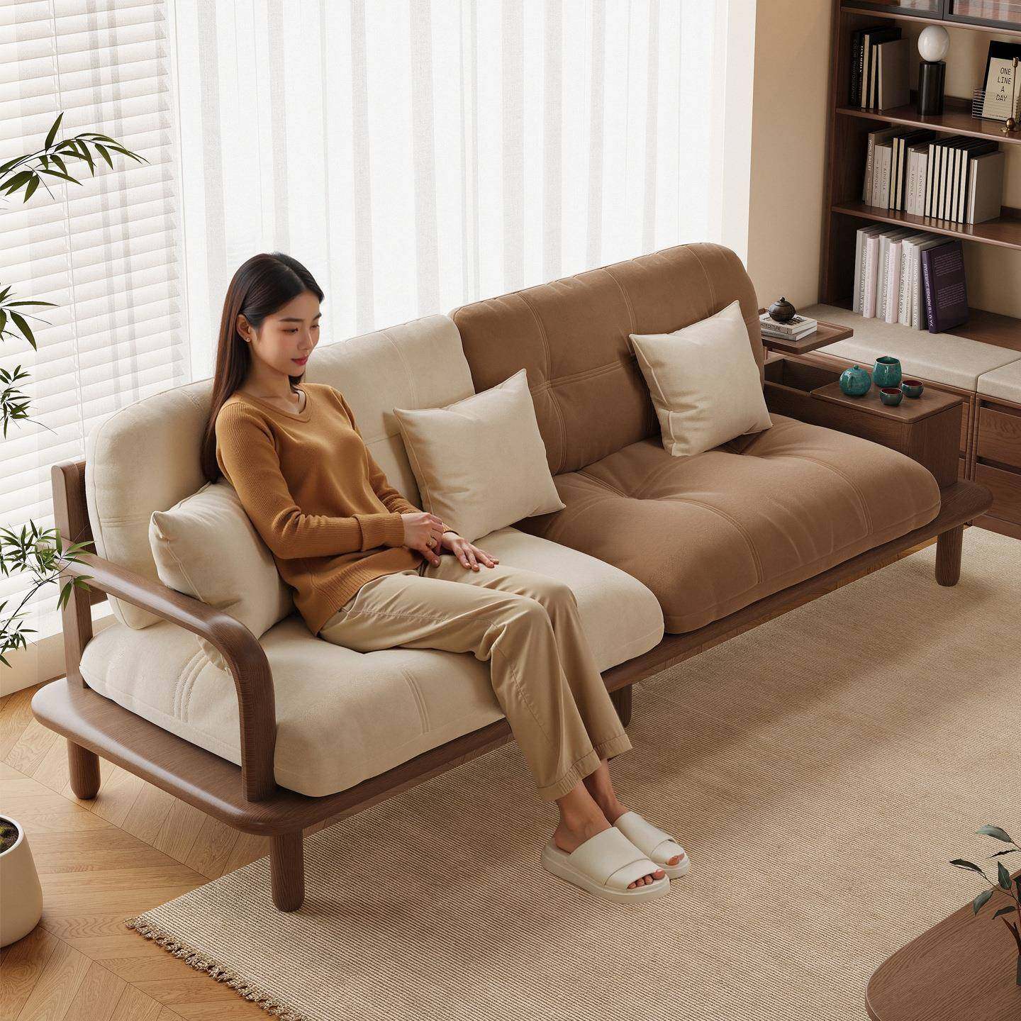 宋代美学实木客厅家用新中式宋氏木制直排小户型双三人位布艺沙发