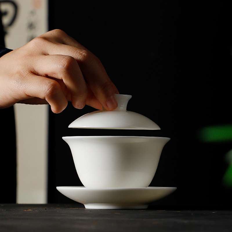 德化陶瓷【单盖碗满140ml纯白亮白】羊脂玉瓷 透明釉 9号 三才小