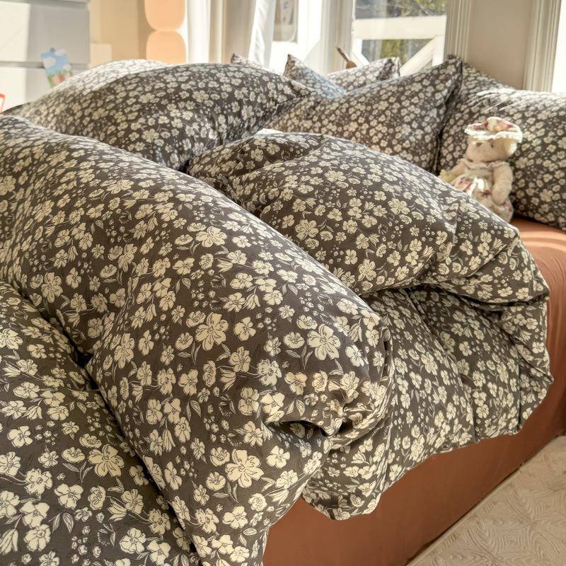 少女心简约格子针织双层纱床上四件套新款超柔水洗棉1.8m被套床笠