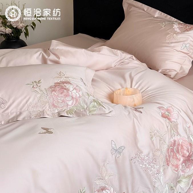 新品高支长绒棉床单四件套少女心花卉刺绣纯棉被套床上用品粉紫色