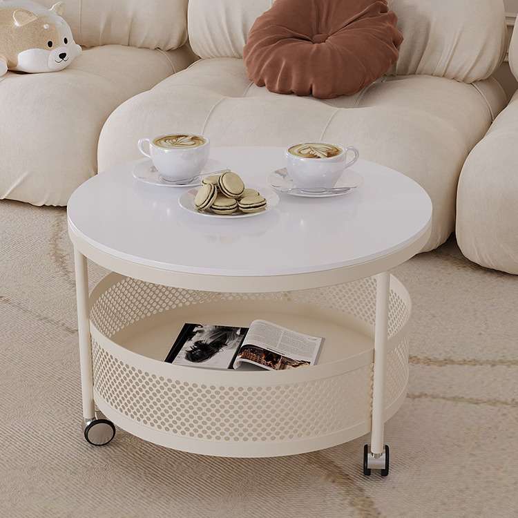 网红奶油风岩板茶几客厅家用茶桌现代简约小户型可移动带轮小圆桌