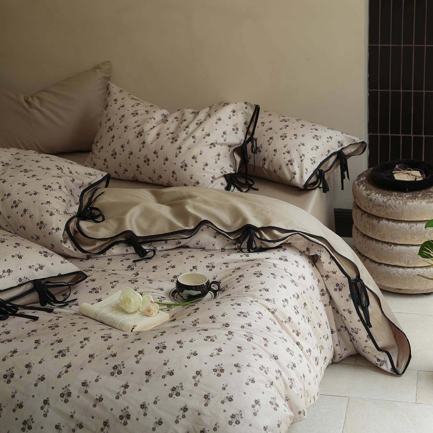 韩系公主风绑带式女生碎花全棉四件套A类100S纯棉被套床单小清新