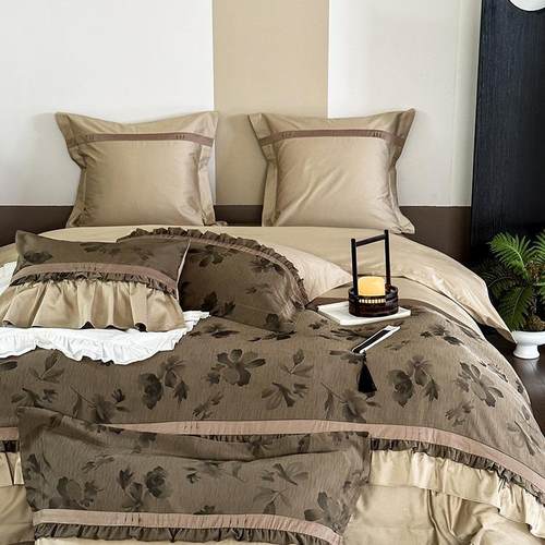 法式复古全棉锦缎提花100支澳棉贡缎长绒棉四件套荷叶花边拼接1.8