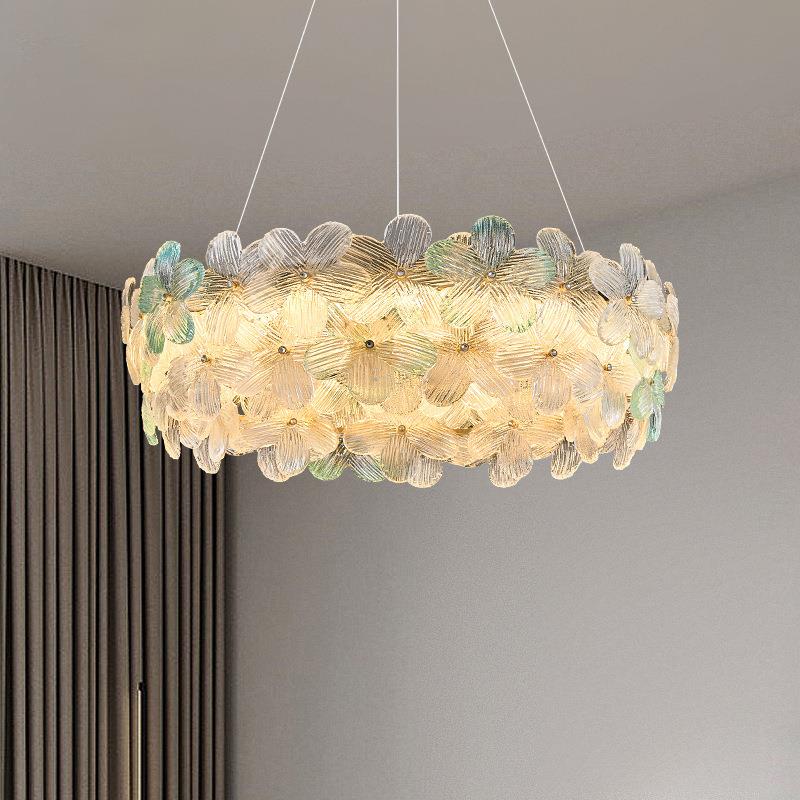 新款奶油风圆形餐厅灯新中式花朵卧室主灯客厅法式轻奢玻璃灯吊灯