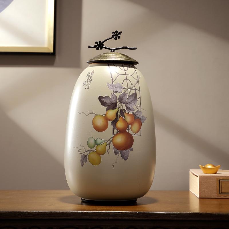 陶瓷罐子摆件创意五福临门客厅玄关酒柜电视柜装饰插花瓶套装