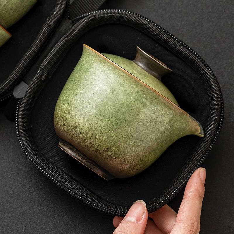 窑变旅行茶具套装碧绿星空手抓壶陶瓷茶壶茶杯一壶二杯户外便携式