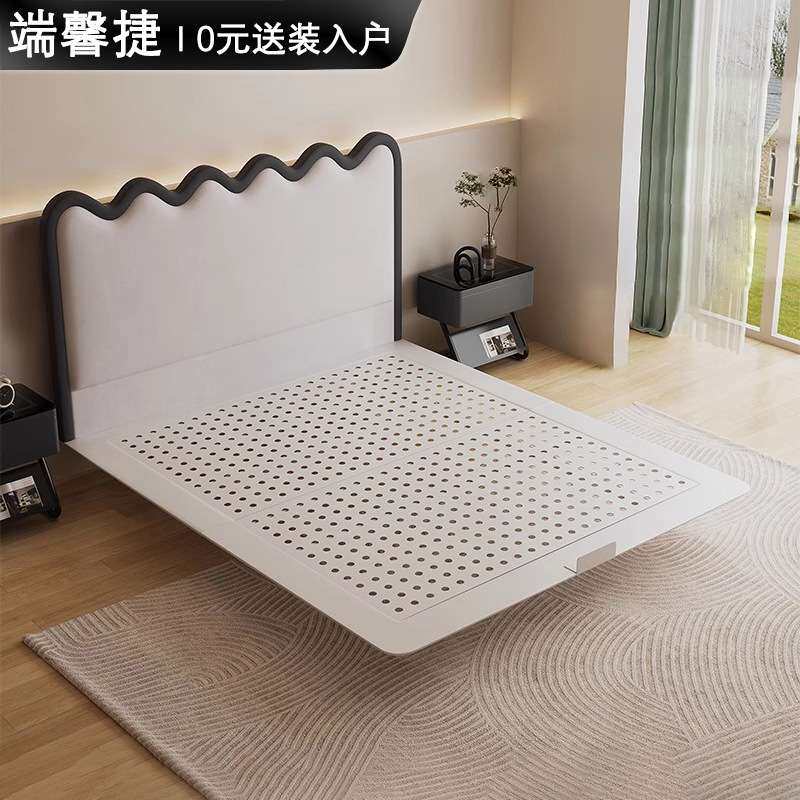 法式涟漪波浪床悬浮床现代简约超薄床头床绒布双人床碳素钢布艺床