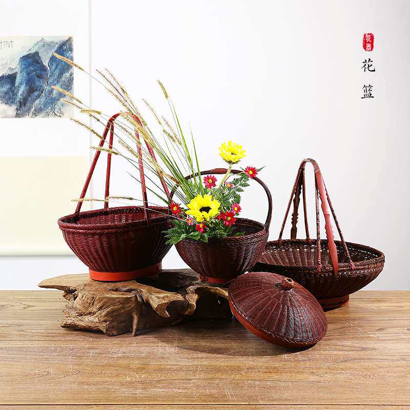 竹编古中式花篮手提手工编织中华花艺花道客厅插花