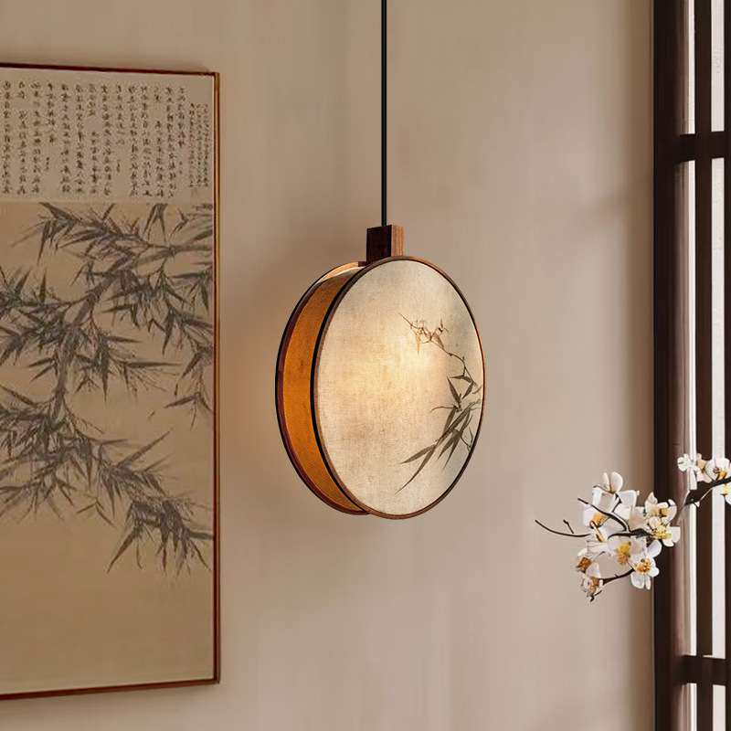 宋代美学绘印竹叶诗意东方小吊灯卧室床头长线小灯禅意中式实木灯