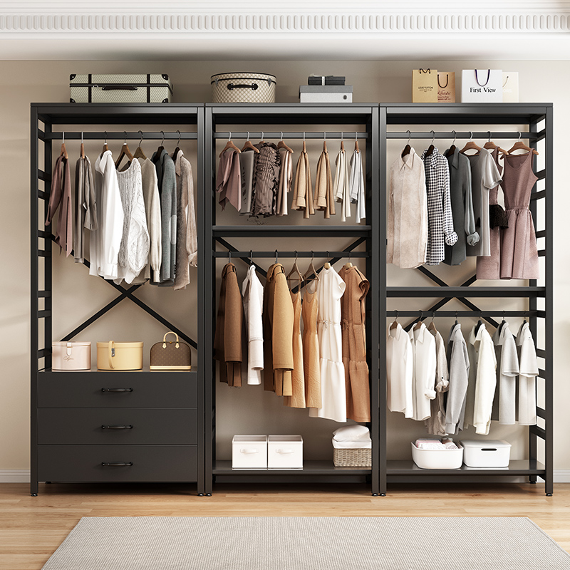 开放式挂衣架卧室家用衣架落地多层组合金属衣柜新款步入式衣帽间