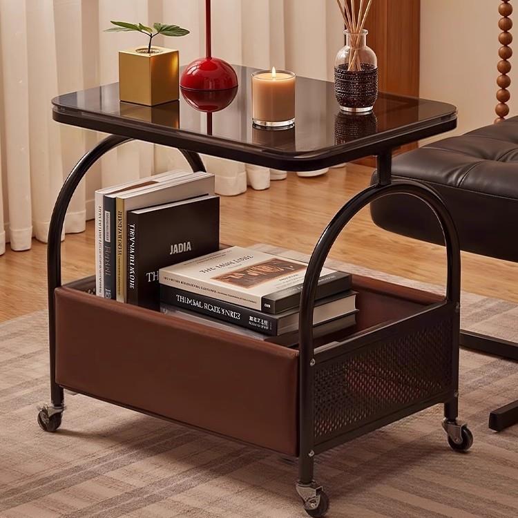 可移动客厅沙发置物玻璃边几中古风小茶几卧室床边简易带轮小推车