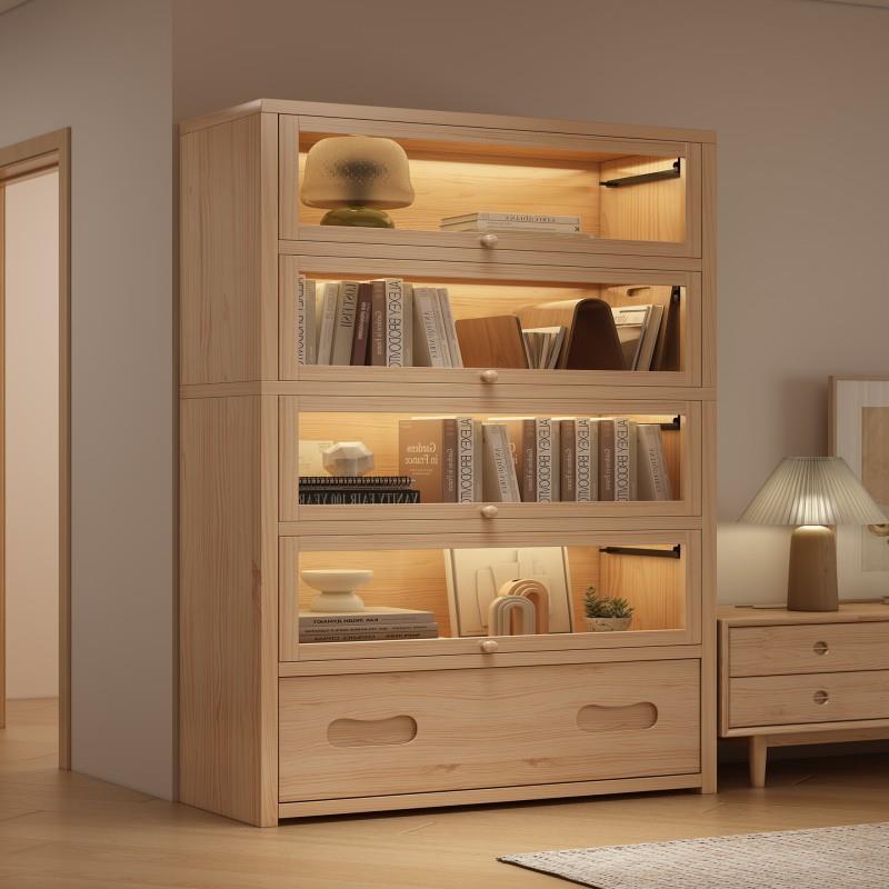 防尘书柜实木储物柜一体靠墙落地置物柜带门上翻门家用收纳展示柜