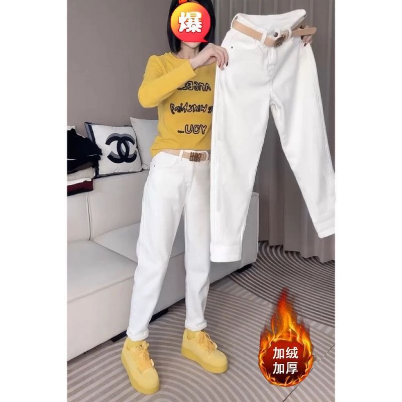 白色牛仔裤女加厚加绒加厚白色高腰牛仔裤女新款2025秋冬爆款百搭