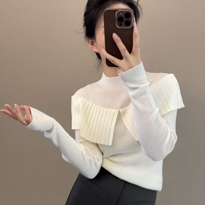 高领打底衫女高端轻奢高级感2025秋冬新款半高领荷叶边披肩毛针织