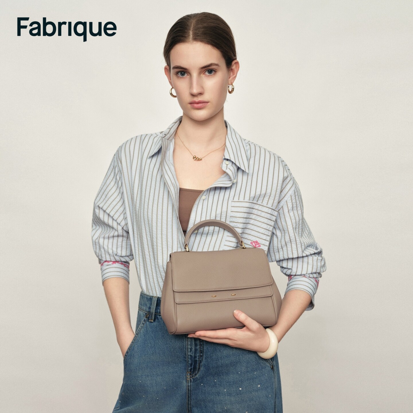 Fabrique 质感荔枝纹牛皮斜挎小包双隔袋实用通勤手提包双肩包