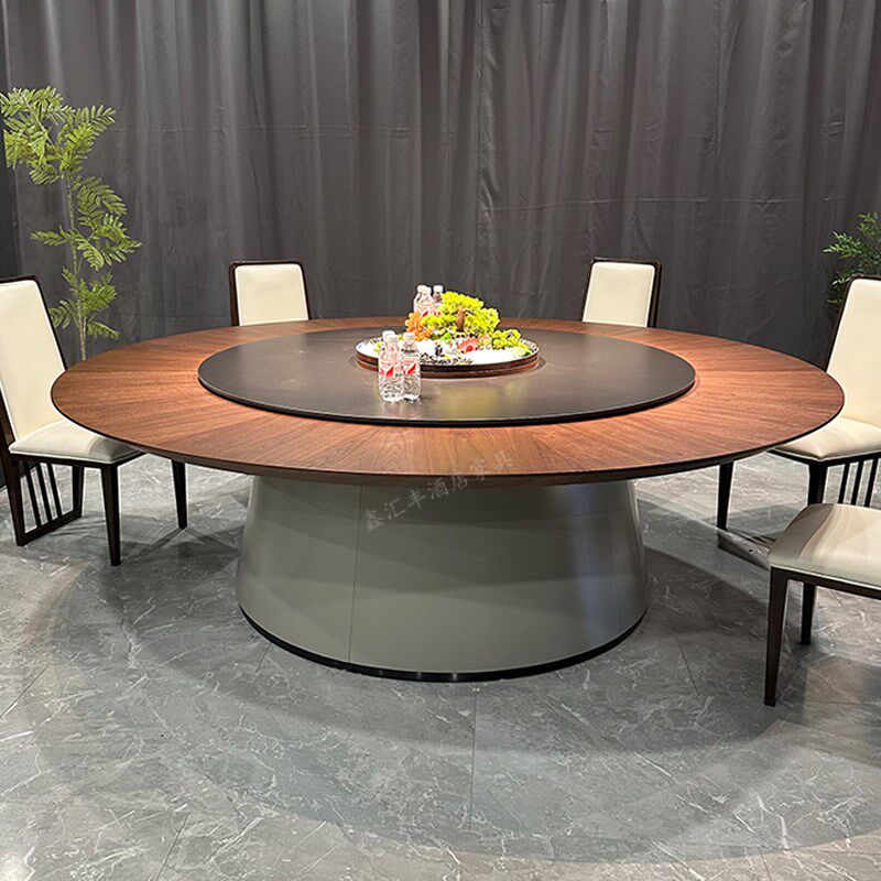 新中式酒店餐桌电动大圆桌岩板转盘椅1G5人20会所饭店包厢2米圆桌