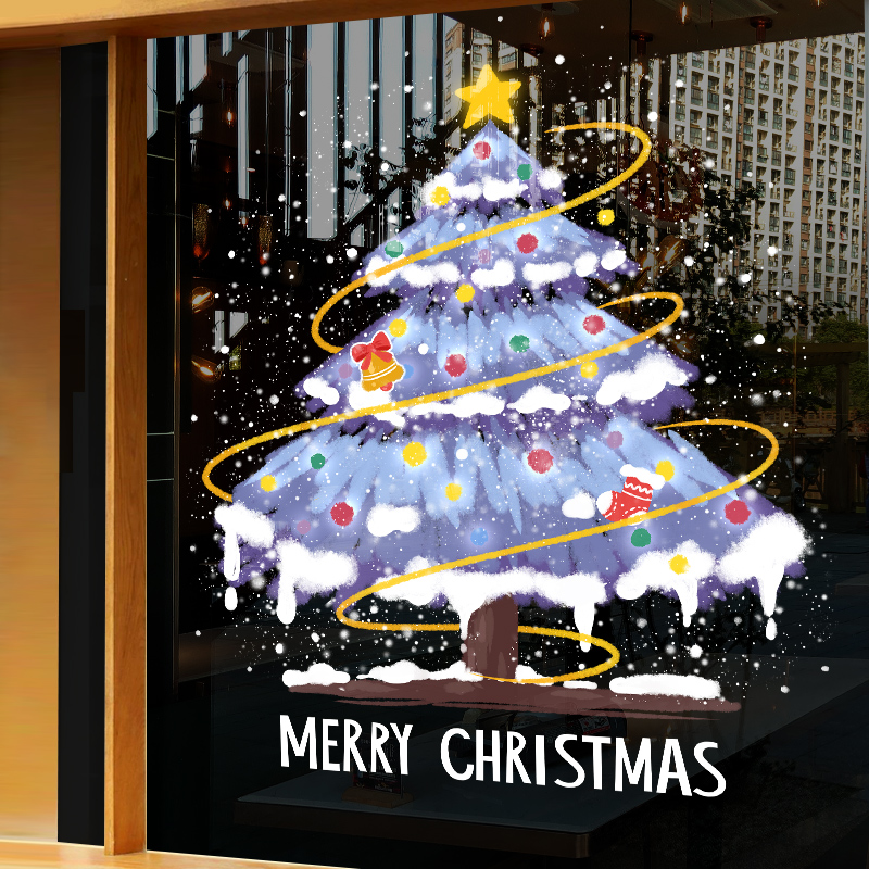 创意耶诞节装饰i玻璃门贴纸橱窗贴窗花耶诞树静电贴画雪花元旦布