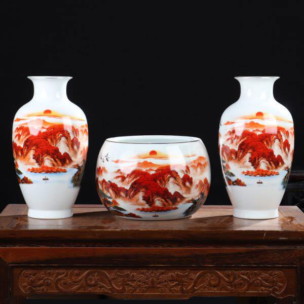 高白泥薄胎花瓶聚宝盆陶瓷三件套博古架摆件酒柜装饰品客厅办公室