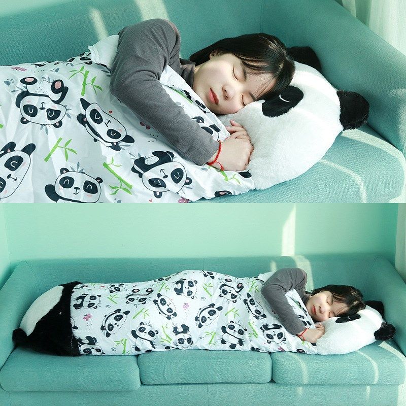 熊猫睡袋 蚕蛹i型印花防踢被动物抱枕头睡袋折叠防踢被 睡袋 儿童