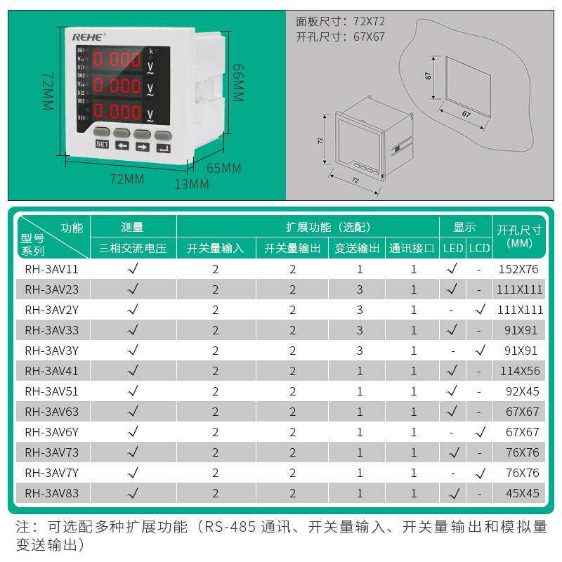 人和交流数显三相电压网络通讯RS485高精度测量智能电压表72*72
