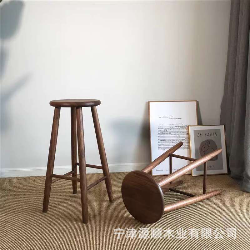 北美黑胡桃木圆凳实木北欧高脚凳简约现代酒吧椅家用日式吧台凳子