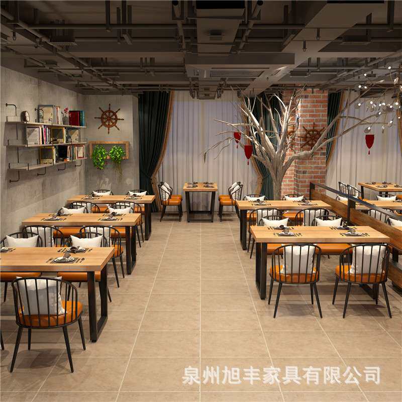 北欧铁艺实木长方形桌椅面馆烧烤店餐桌椅餐厅组合原木餐桌椅组合