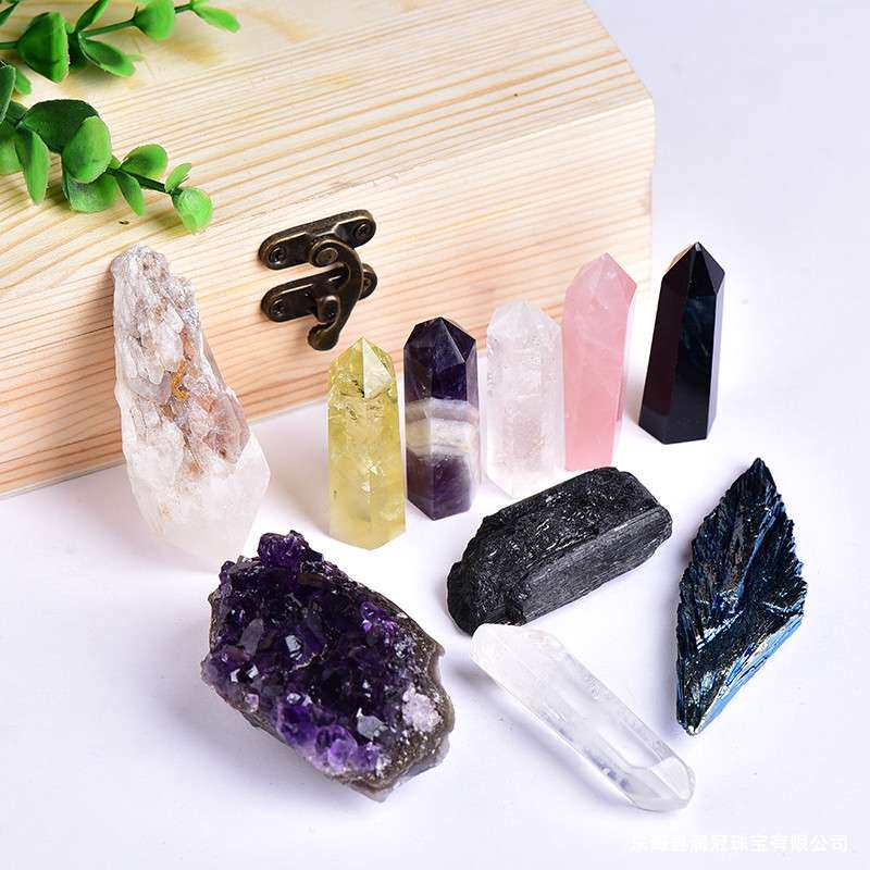 跨境热销天然水晶套装水晶六棱柱水晶原石紫晶簇组合套装摆件