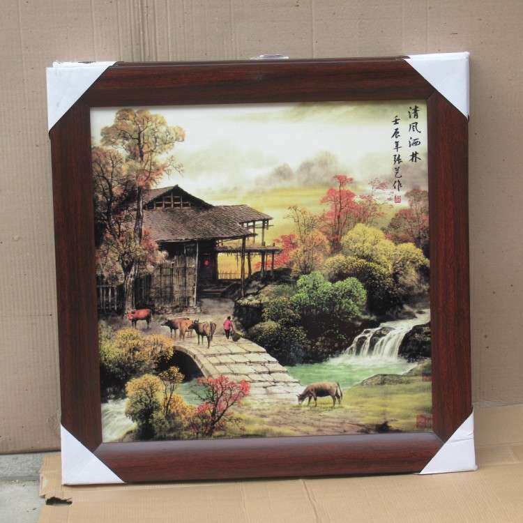 景德镇瓷板画 新中式挂画客厅装饰画 正方形山水花鸟画墙壁装饰画