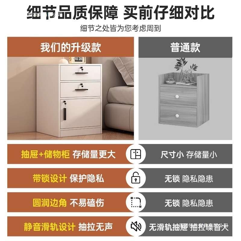 床头柜带锁家用卧室轻奢小柜子储物柜靠墙置物简易书柜床边收纳柜