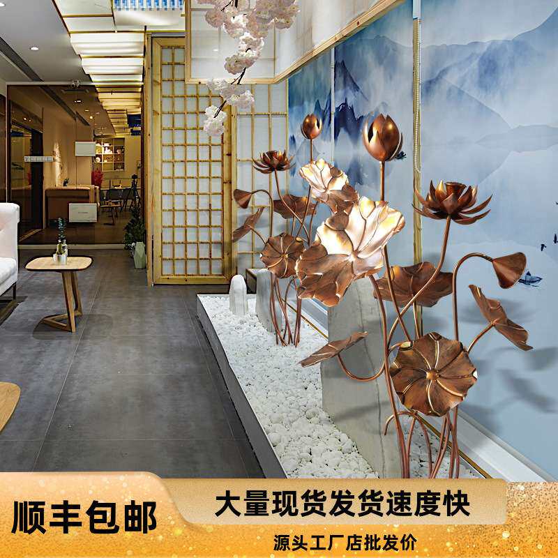 不锈钢水池莲花铁艺庭院水池创意落地水景立体荷叶摆件荷花装饰品