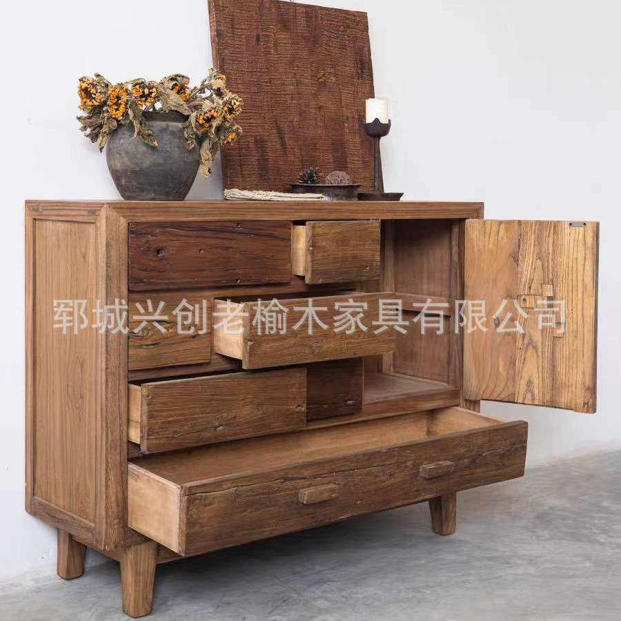新中式老榆木酒柜带吧台一体展示架家居客厅茶具酒瓶收纳柜餐边柜
