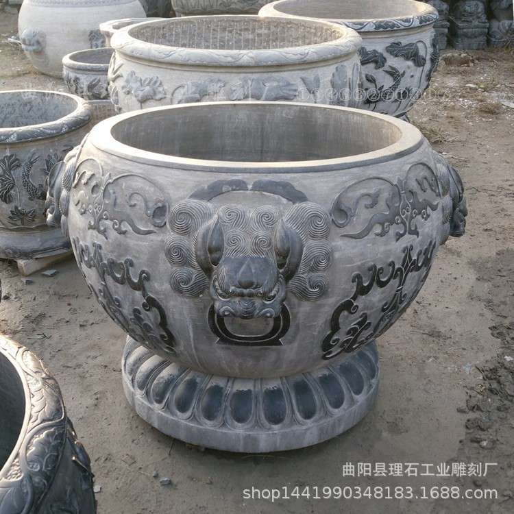 厂家供应石雕鱼缸做旧青石仿古石缸花盆摆件中式庭院圆形狮头鱼缸