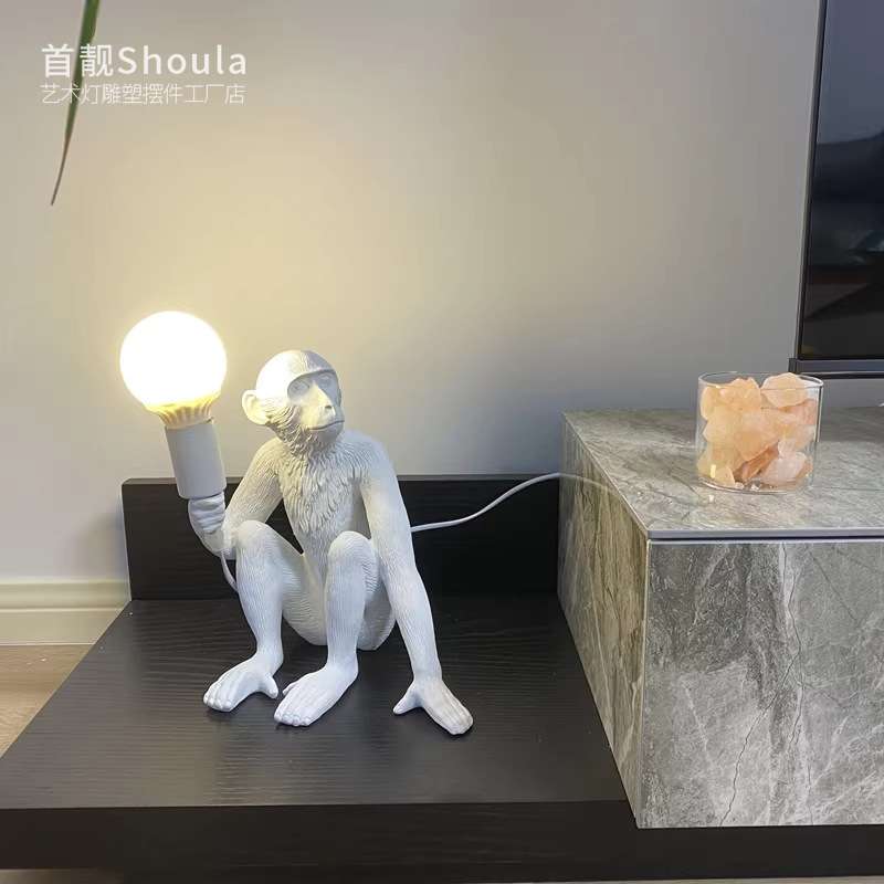 北欧树脂免布线猴子壁灯餐厅酒吧复古麻绳吊灯店面猴子灯装饰台灯