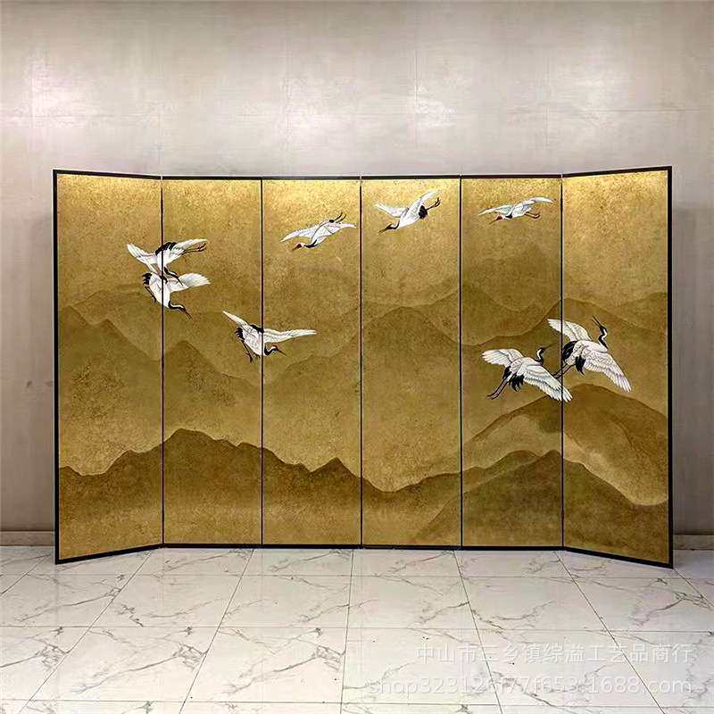 新中式手绘山水仙鹤碎金手绘漆画办公室背景折叠隔断金箔屏风