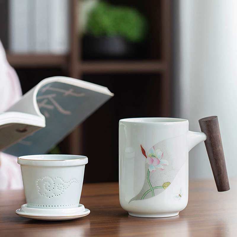 茶杯自带过滤茶水分离陶瓷杯办公家用实木手柄 泡茶杯马克杯商务
